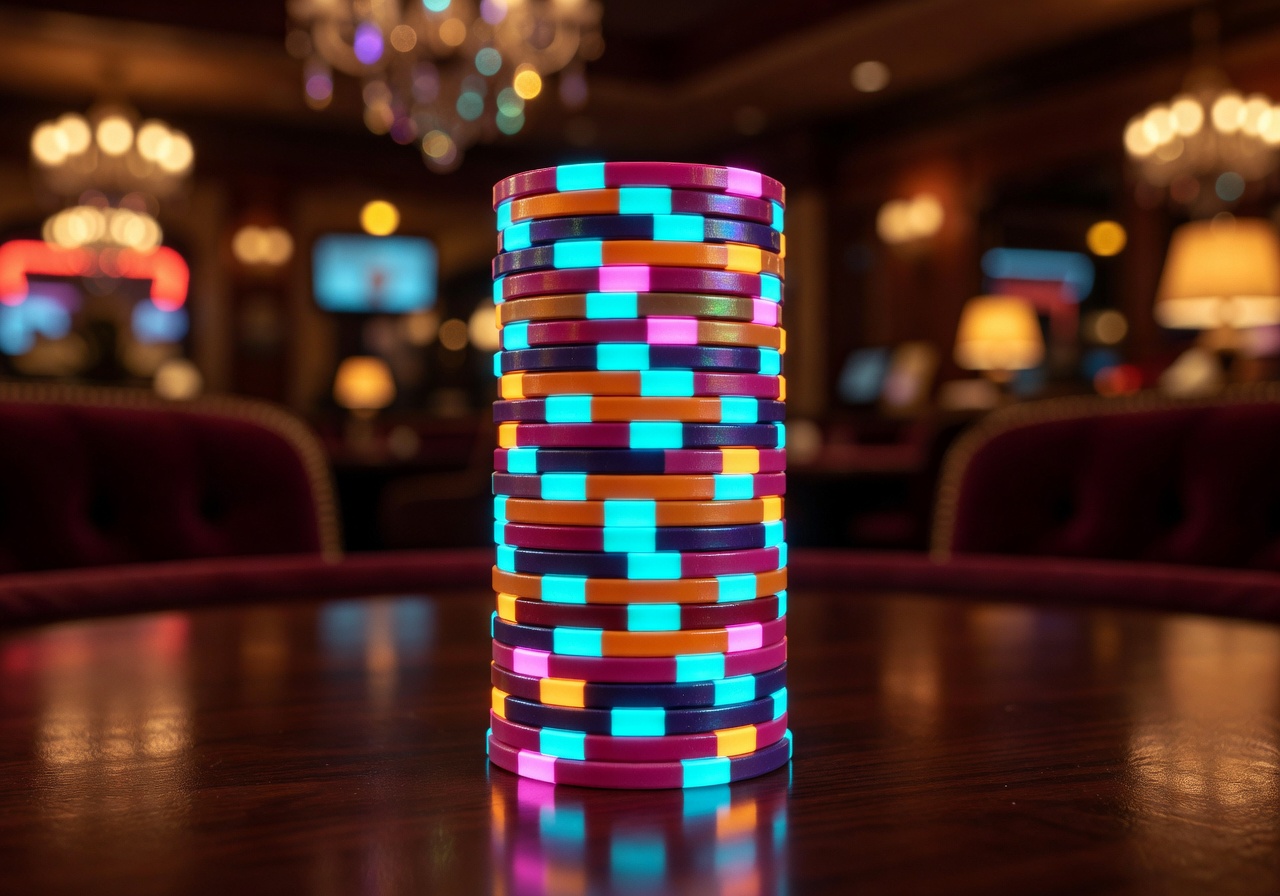Stack of glowing casino chips representing safe and free-to-play social entertainment